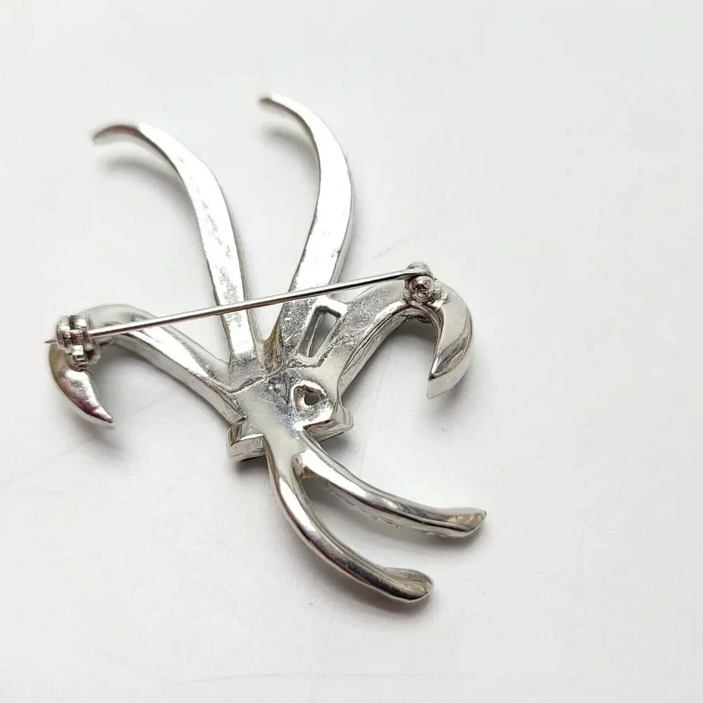 Blue Rhinestone Large Silver Tone Abstract Flower Vintage Brooch